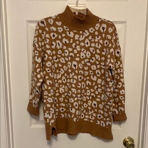 Brown and White Cowl Neck Sweater with Abstract Print